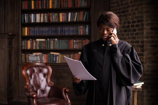 African American judge in traditional robes holds a document and talks on the phone in a law library.