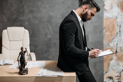 A lawyer in a black suit reviews paperwork at an office, focused and engaged.